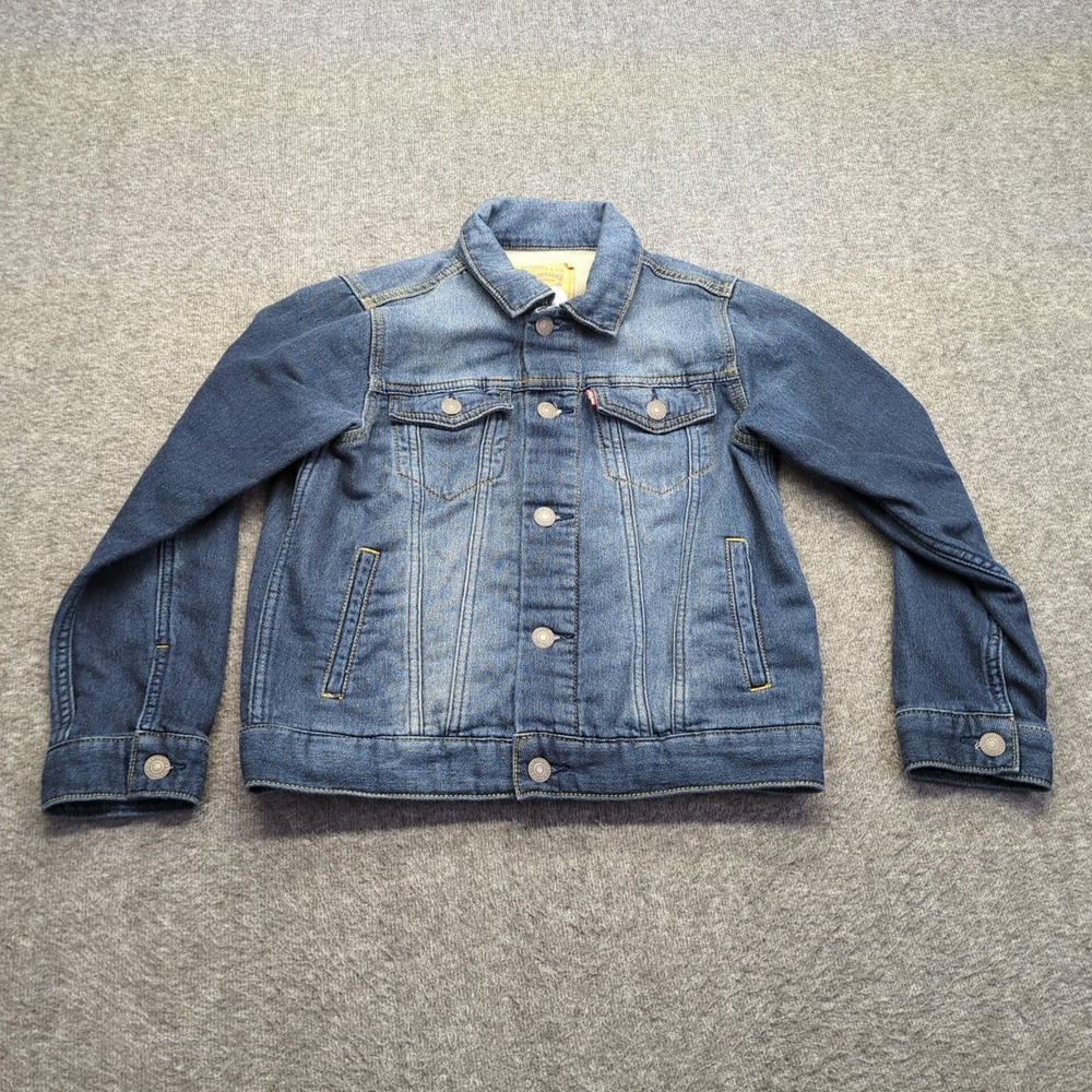 Levis Jean Jacket Youth Small 8-10 Years Denim Blue Fleece Lined Trucker Stretch
